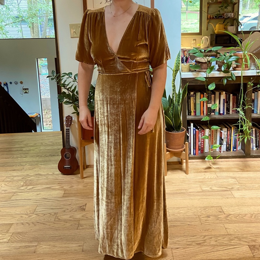 Gold velvet Reformation wrap dress